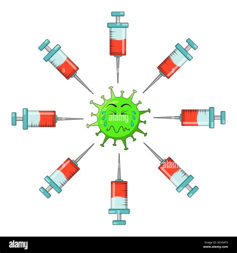 Personaje de coronavirus tener miedo vacuna inyección símbolo de