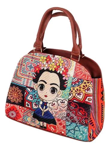 Bolsa Frida Dama Mano Hombro Mujer Estampado Artesanal Cuero Color