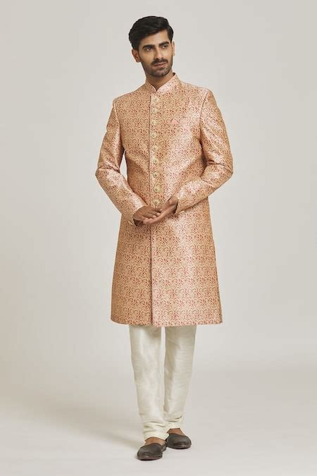 Buy Peach Sherwani Art Silk Printed Floral Set For Men By Adara Khan