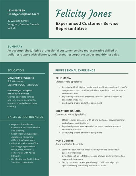 Basic Green Customer Service Resume Format Template Venngage