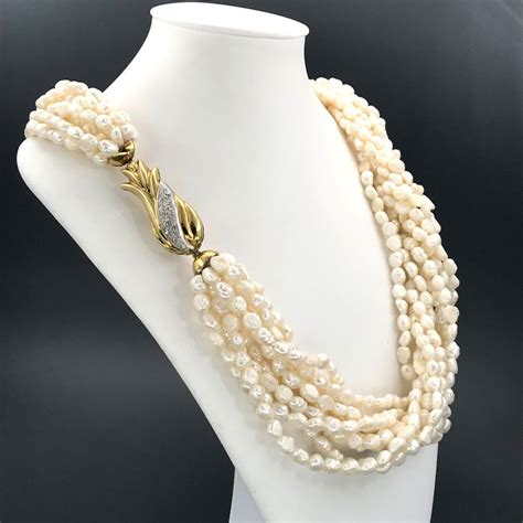 Kt Yellow Gold Necklace Baroque Pearls Diamond Catawiki