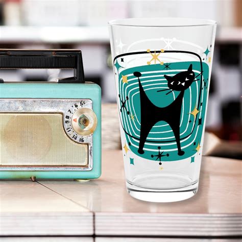 Atomic Cat Drinking Glass Mid Century Modern Glassware MCM Cat Cocktail