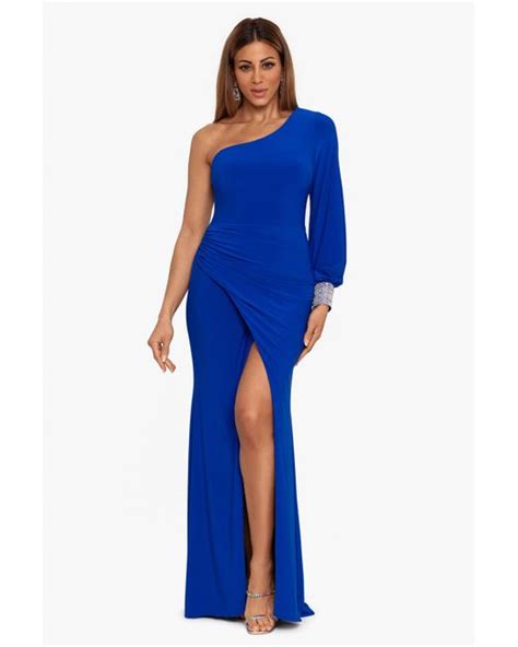 Betsy And Adam One Shoulder Long Sleeve Gown In Blue Lyst