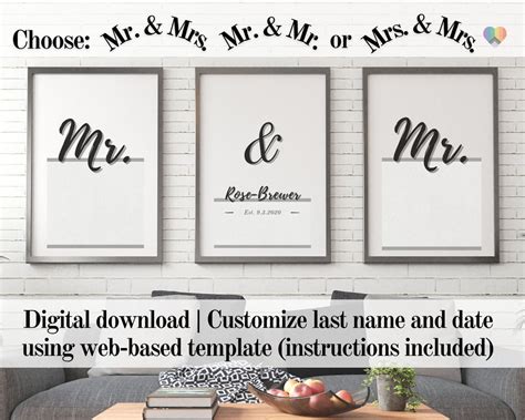 Personalized Couple Wall Art Set Of 3 Minimalist Style Etsy