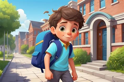 Premium Photo Cartoon Boy Goes To School Wearing A Bag On His Shoulder