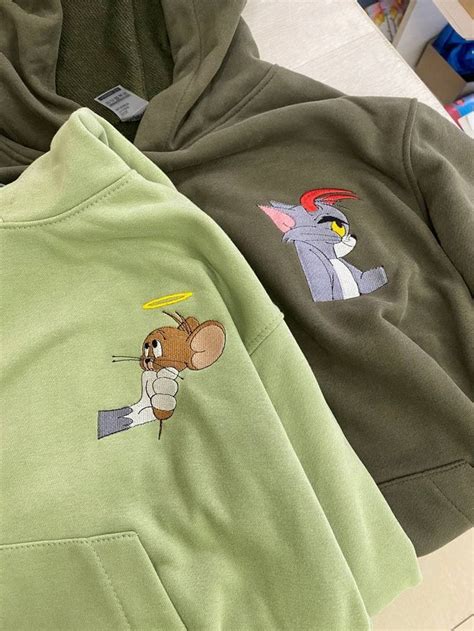 Couple Embroidered Cat Tom And Mouse Jerry Hoodies Cartoon Sweatshirts Anniversary T Shirts For