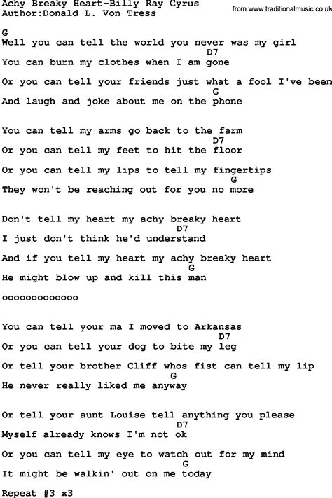 Country Music:Achy Breaky Heart-Billy Ray Cyrus Lyrics and Chords