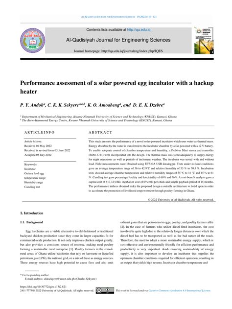 PDF Performance Assessment Of A Solar Powered Egg Incubator With A