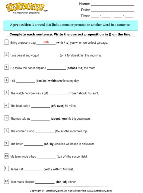 Fill In The Blanks With Correct Prepositions Worksheet Turtle Diary