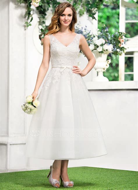 A Line Princess V Neck Tea Length Tulle Lace Wedding Dress With Bow S