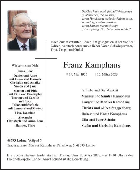 Traueranzeigen Von Franz Kamphaus Om Trauer De