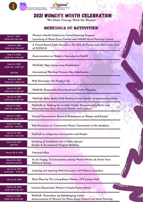 2021 National Women's Month Celebration Schedule of Activities