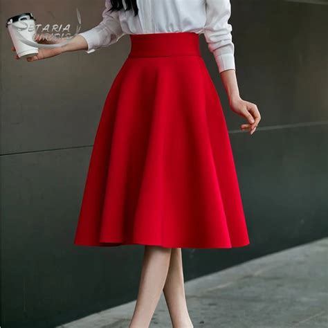 High Waist 3 Colors Pleat Elegant Skirt Knee Length Flared Skirts