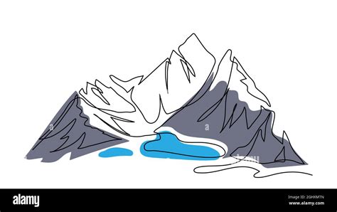 Lake In The Mountains One Continuous Line Art Drawing Color Vector