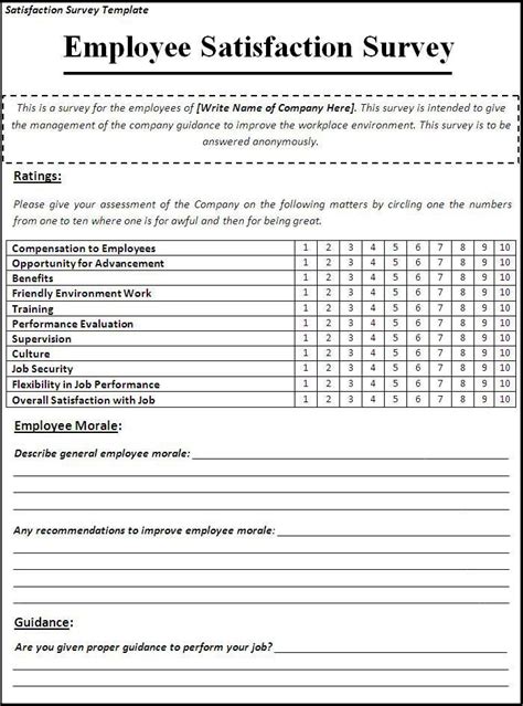 Employee Satisfaction Survey Form For Employees To Use In The Companys