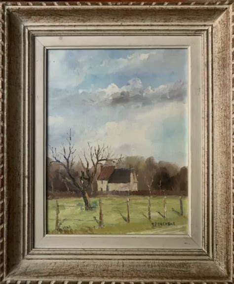 Ancien Tableau Huile Paysage Ferme Arbres Ciel Bleu Nuages