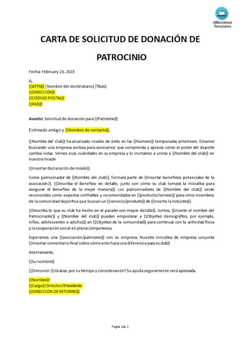 Prima Solicitud De Carta De Donaci N De Patrocinio