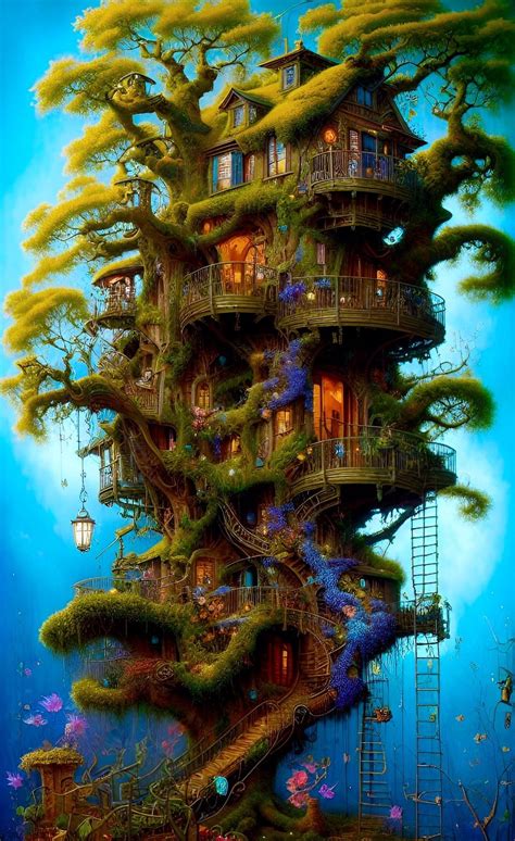 🌲💙mossy Fantasy Treehouse Glowing Lights Trees Forest Digital Art