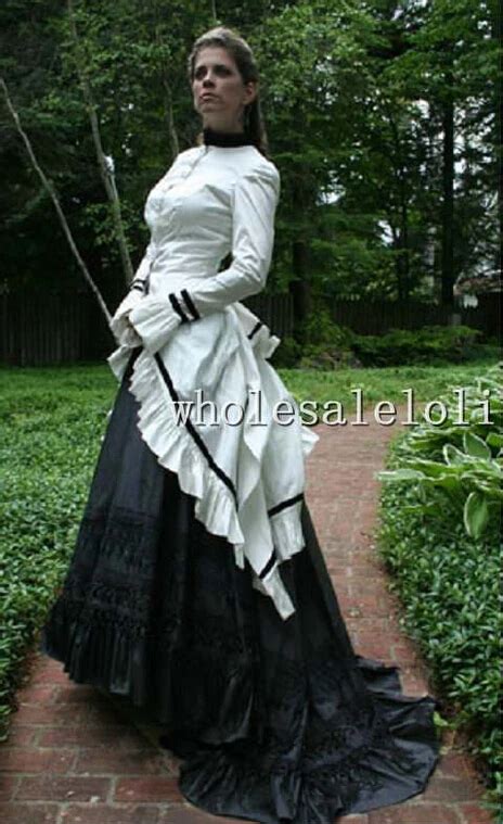 White And Black Gothic Dress Victorian Bustle Dress Day Dresses In