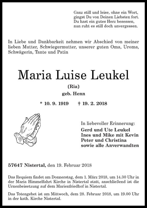 Traueranzeigen Von Maria Luise Leukel Rz Trauer De