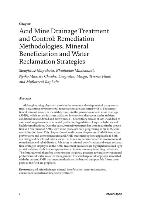 Pdf Acid Mine Drainage Treatment And Control Remediation Methodologies Mineral Beneficiation