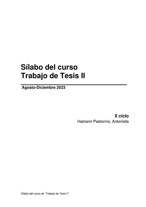 Sílabo Trabajo De Tesis Ii Ciclo 2023 2 Sílabo Del Curso De “trabajo