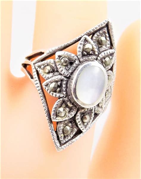 Marcasite Ring Mother Of Pearl 925 Sterling Silver Diamond Etsy