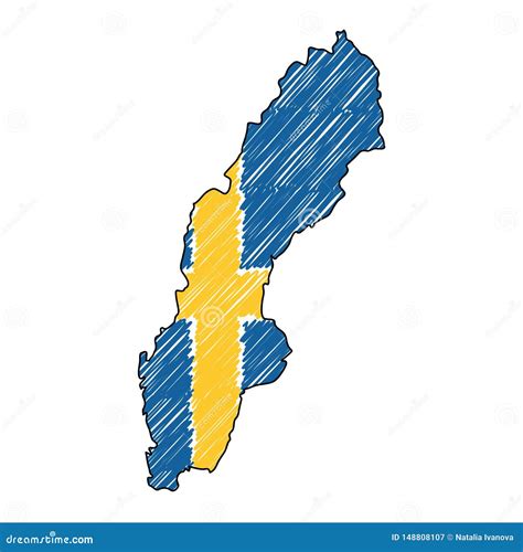 Sweden Map Hand Drawn Sketch Vector Concept Illustration Flag