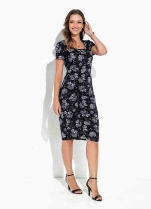 Vestido Floral Preto Franzido Moda Evangélica Soulojista