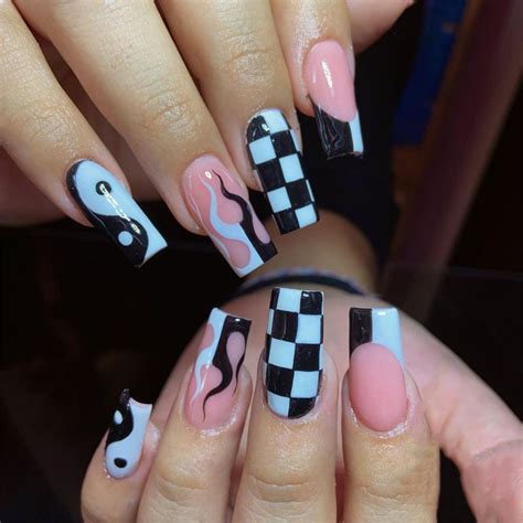 Black White Checkerboard Tai Chi Fake Nails Long Coffin Full Press On