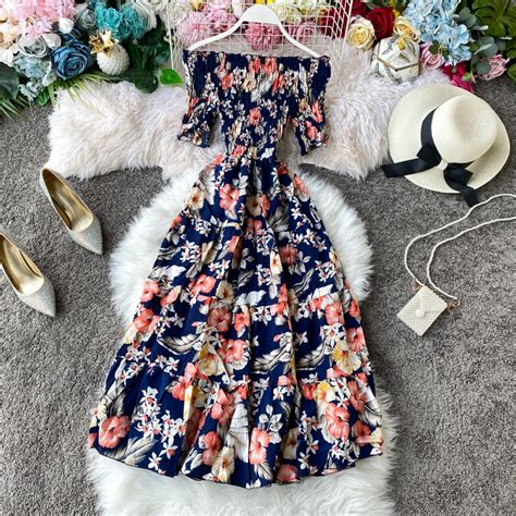 Boho Magro Vintage 2022 Floral Impress O Sexy Fora Do Ombro Vestido De