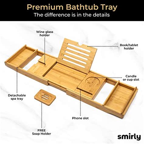 Smirly Bamboo Bathtub Tray Expandable For Tub With Book Stand Caddy