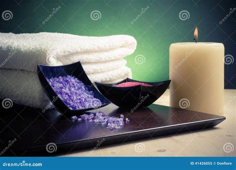 Spa Massage Border Background With Towel Stacked Candle And Sea Salt