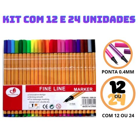 Kit 12 24 Canetas Coloridas Fine Line Ponta Fina 0 4 mm 1ª Linha