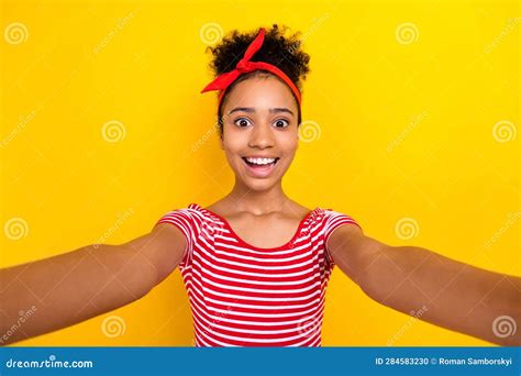 Photo Of Impressed Excited Girl Dressed Red Striped T Shirt Lips