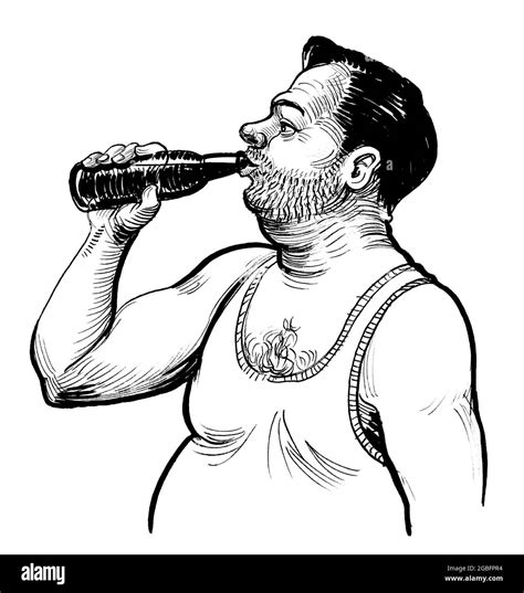 Fat Alcoholic Man Drinking A Bottle Of Beer Ink Black And White