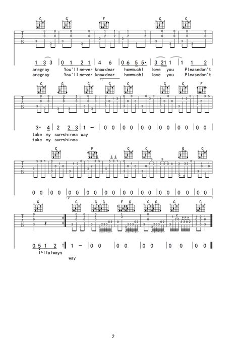 YOU ARE MY SUNSHINE吉他简谱C调弹唱谱Jimmie Davis 吉他曲谱 师谦曲谱网