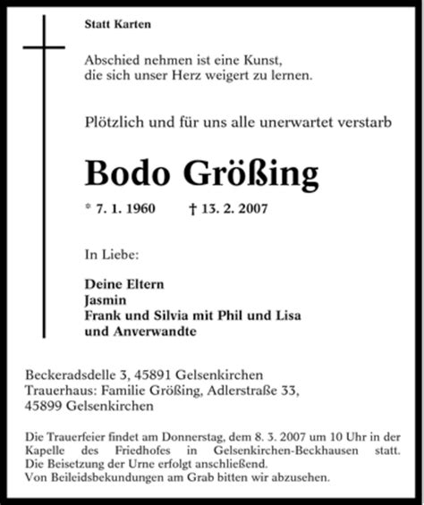 Traueranzeigen von Bodo Größing Trauer in NRW de