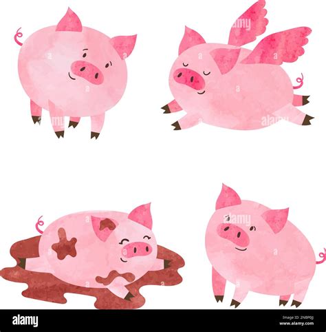 Watercolor Cute Pigs Set Vector Cartoon Illustration Stock Vector