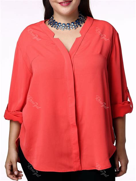 45 Off Elegant V Neck Solid Color 34 Sleeve Plus Size Blouse For