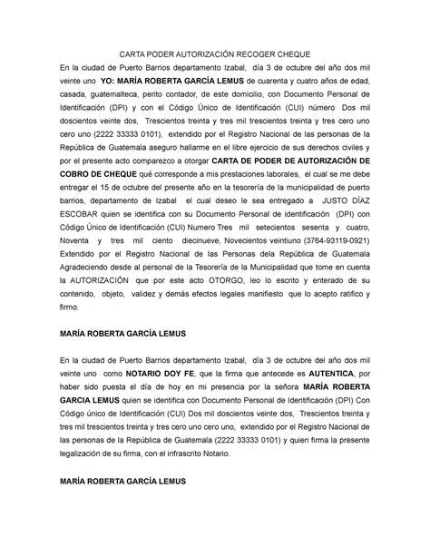 Carta Poder Autorización Recoger Cheque CARTA PODER AUTORIZACIÓN