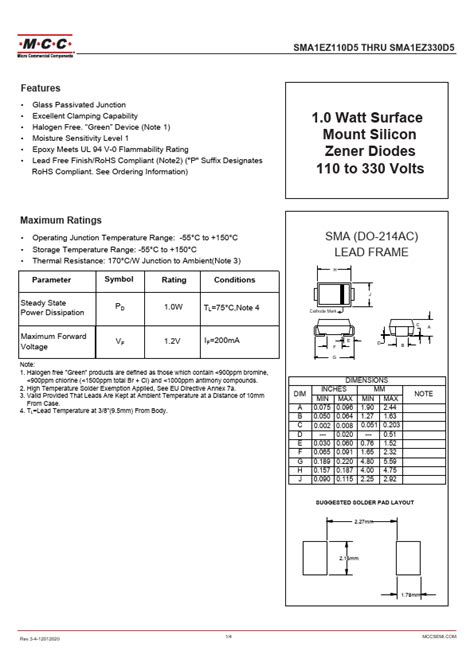 SMA1EZ330D5 MCC Diodes Hoja de datos Ficha técnica Distribuidor