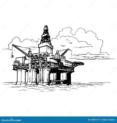 Offshore Oil Drilling Platform Sketch Style Drawing Isolated On A