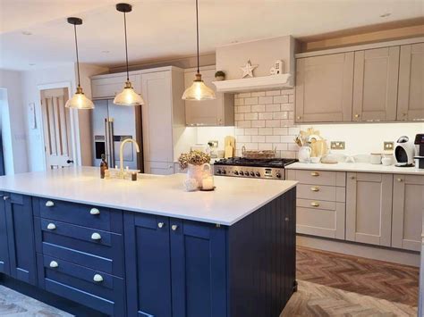 Kitchen With Navy Blue Island And Taupe Cabinetry Soul Lane