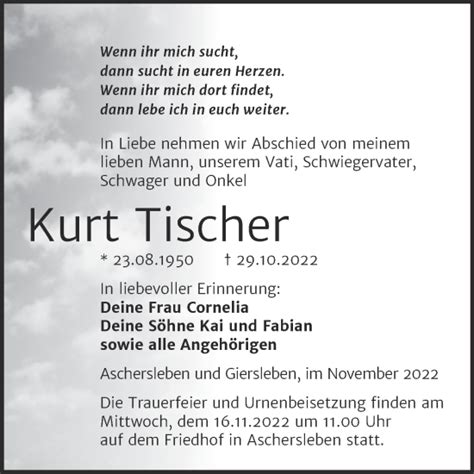 Traueranzeigen Von Kurt Tischer Abschied Nehmen De