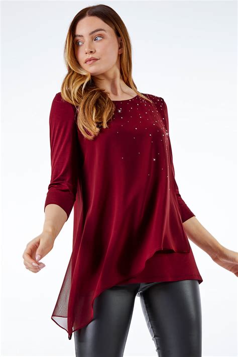 Embellished Chiffon Overlay Top In Wine Roman Originals Uk
