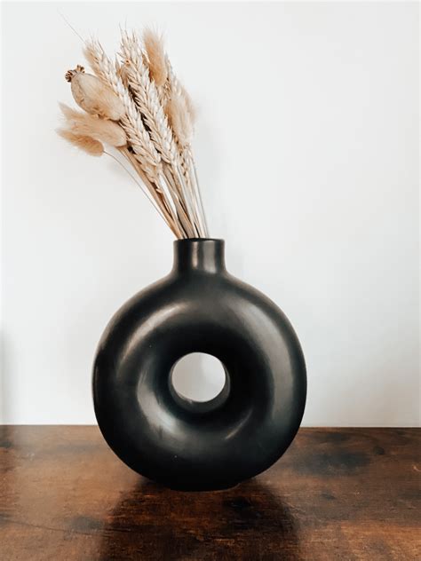 Black Donut Vase Nordic Scandi Ceramic Round Hollow Etsy