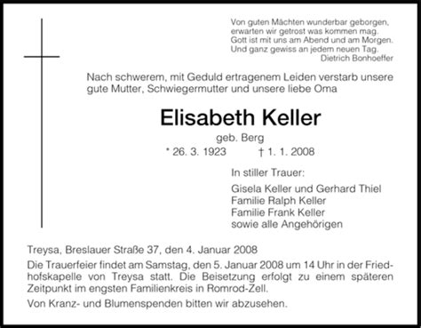 Traueranzeigen Von Elisabeth Keller Trauer Hna De