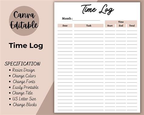 Printable Time Log Timesheet Simple Time Log Easy Etsy