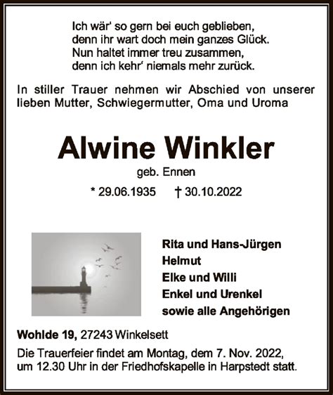 Traueranzeigen Von Alwine Winkler Trauer Kreiszeitung De